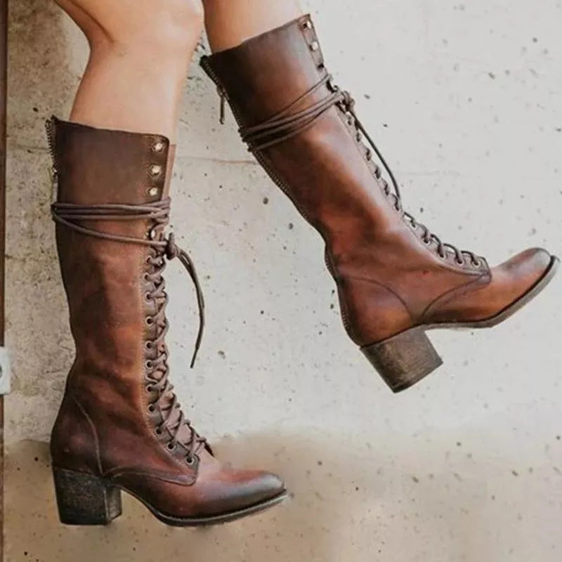 Women’s Knee High Lace Up Boots Block Heel