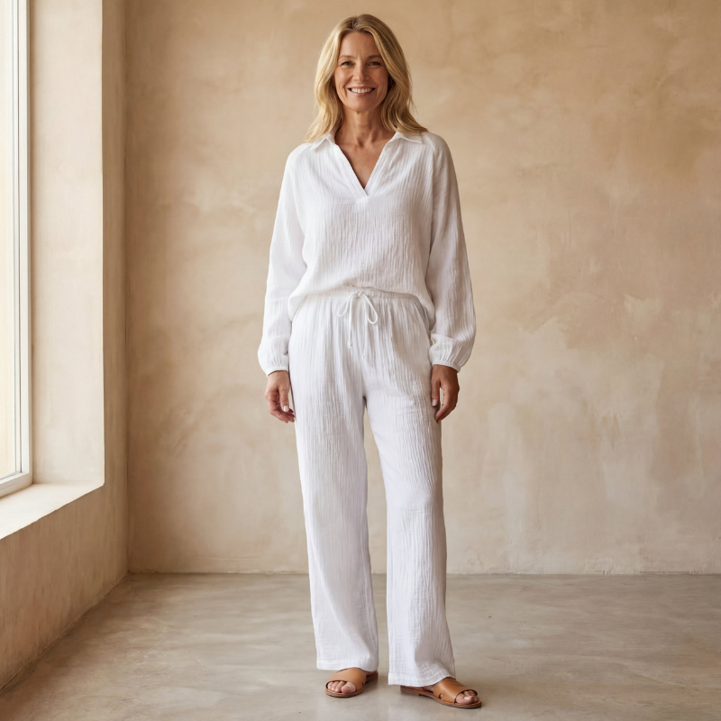 Women's Two Piece Set With Long Sleeve Top and Straight Leg Pants