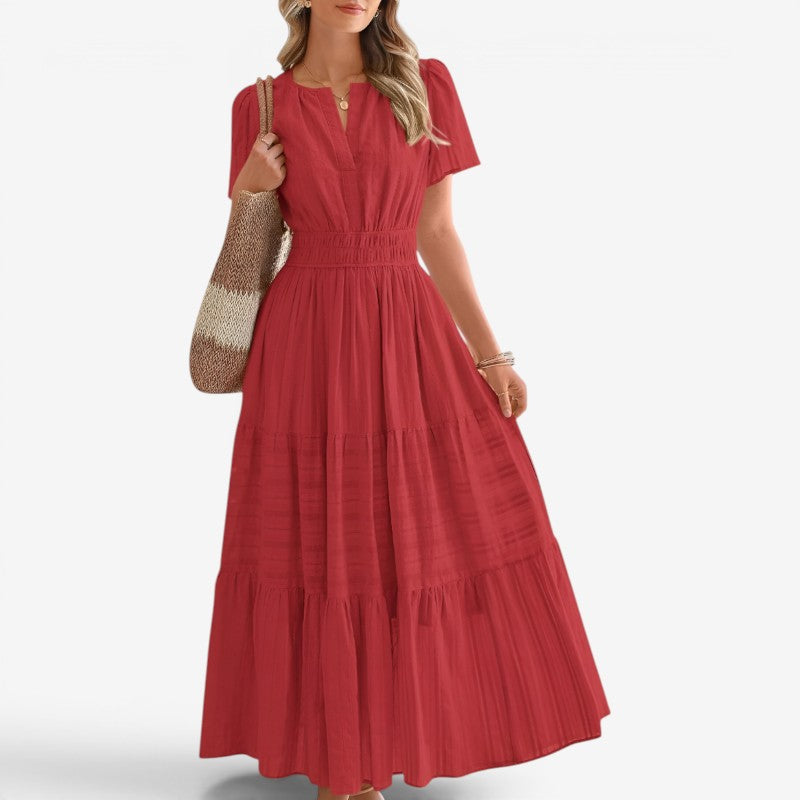 Women's Midi Dress with Wrap Waist and Short Sleeves