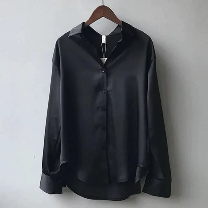 Women’s Satin Finish Button Front Blouse Long Sleeve