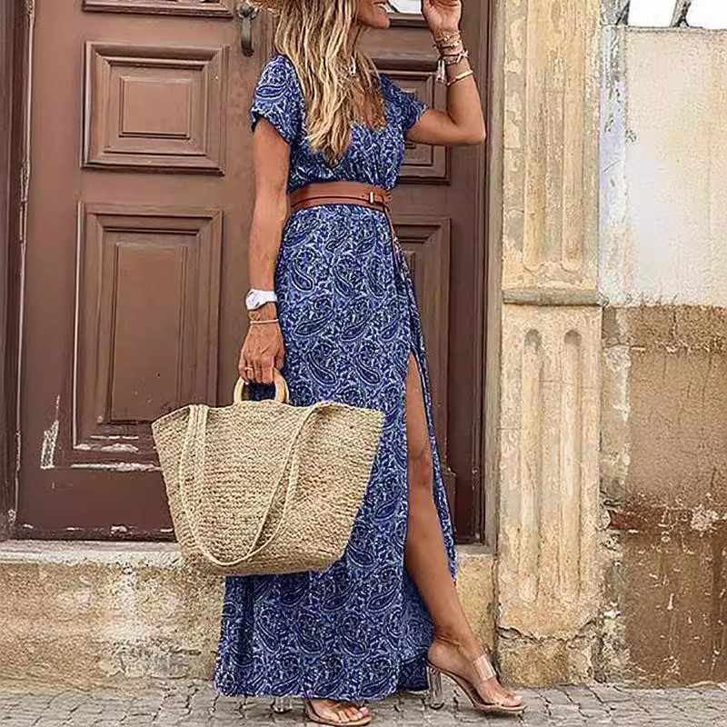 Women's Floral Print Maxi Dress with Belt Waist