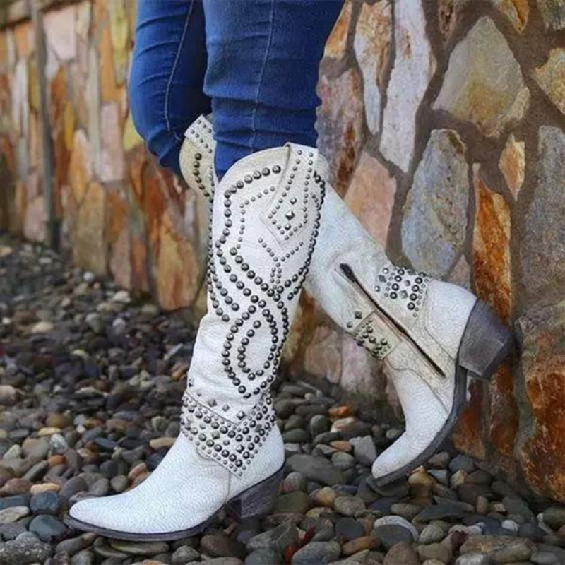 Maya – Knee High Pointed Toe Boots with Decorative Pearls