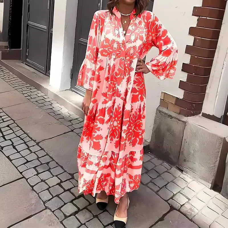 Women's Printed Midi Dress with V Neck and Long Sleeves