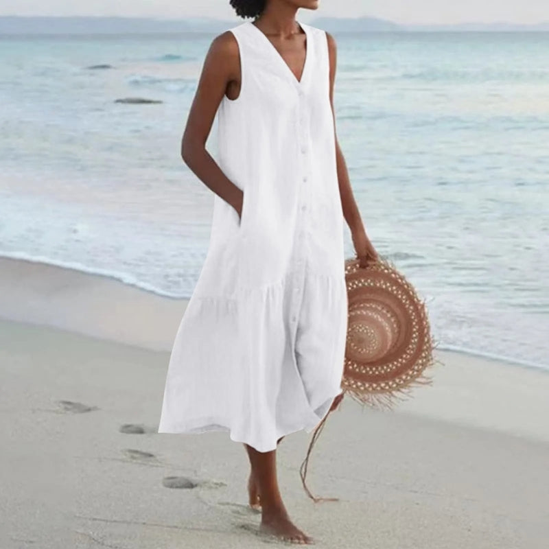 Women's Sleeveless V-Neck Mini Dress with Button-Front & Pockets