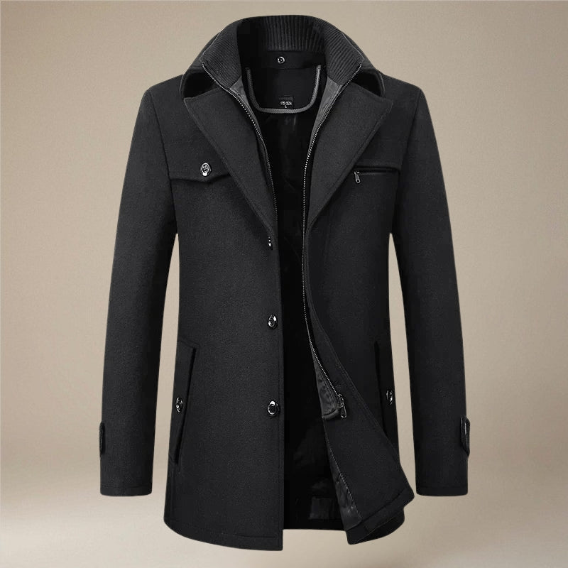 Double Collar Long Coat with Button Front