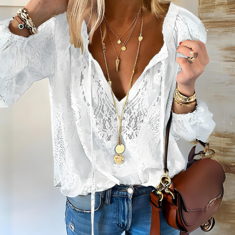 Women's Long Sleeve Bohemian Lace Blouse V-Neck