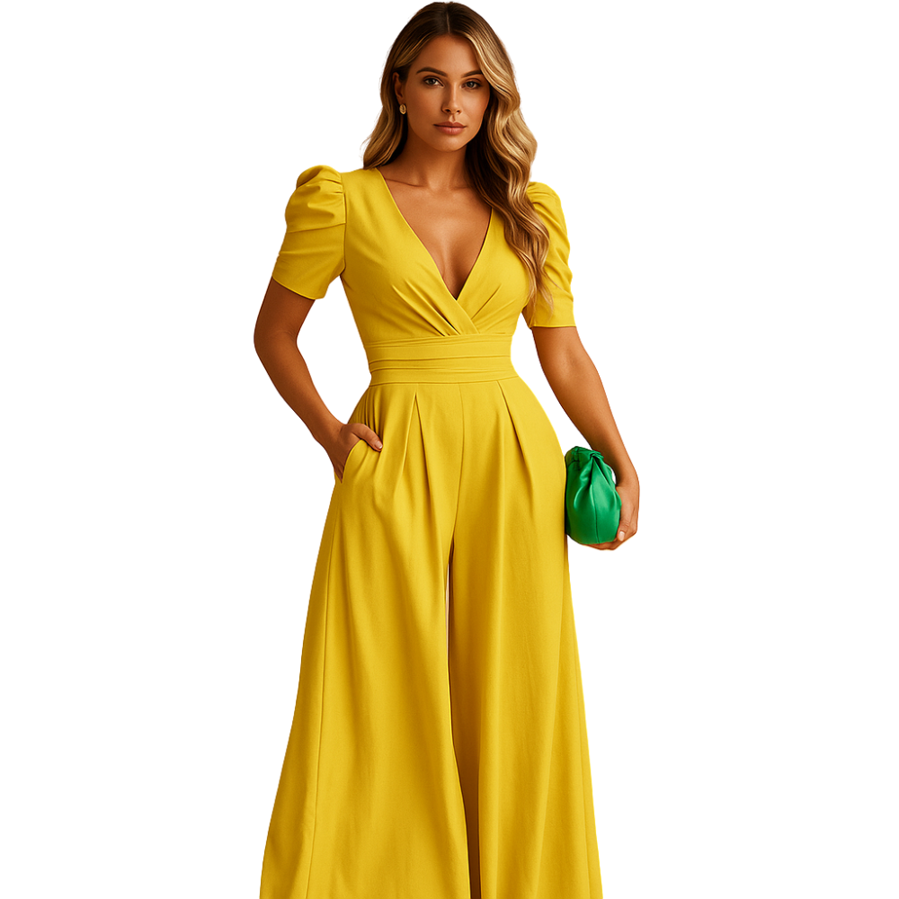 Emilia – Jumpsuit met V-hals korte mouwen en wijde pijpen Velani