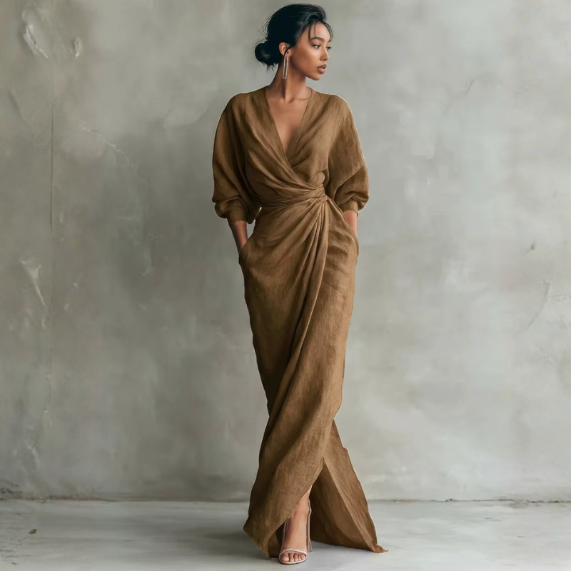 Elegant Women's V Neck Maxi Dress with Wrap Waist