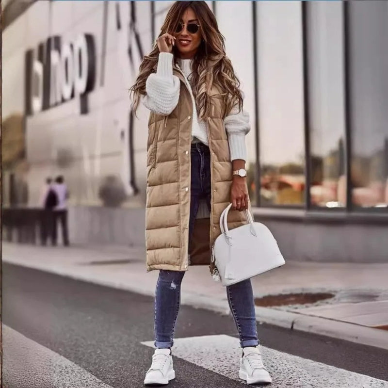 Ava – Sleeveless Hooded Coat with Button Closure