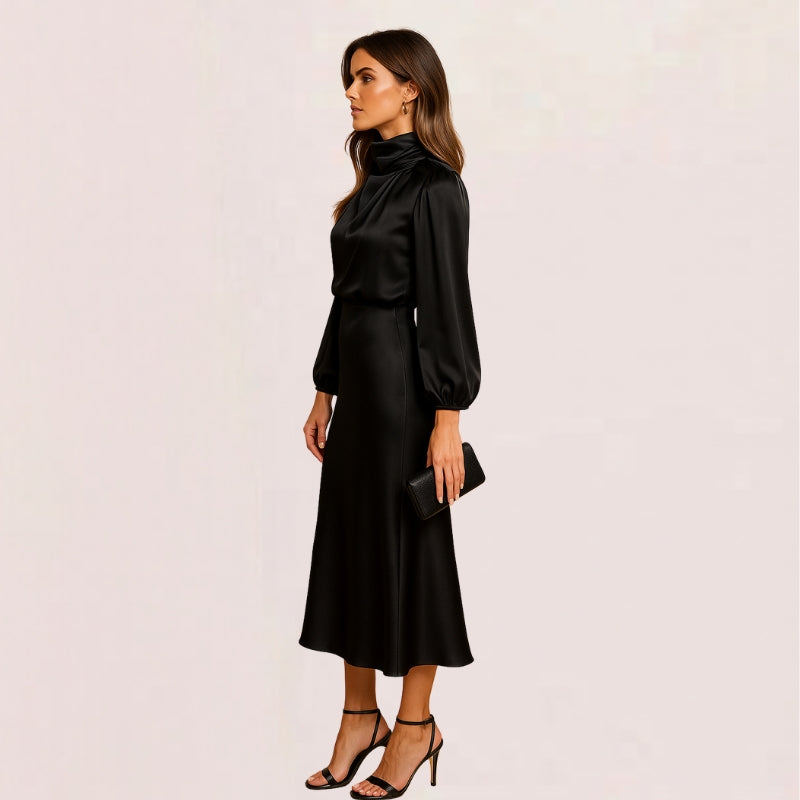 Women’s Wrap Dress with Long Puff Sleeves & High Neck