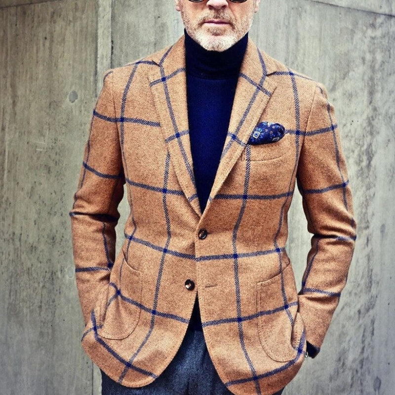 Brian – Long Sleeve Jacket with Down Collar and Plaid Design