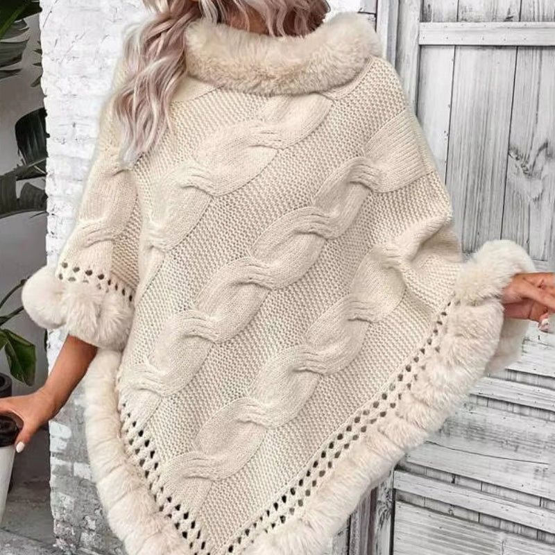 Mira – Loose Fitting Sweater with Cable Knit and Fur Trim