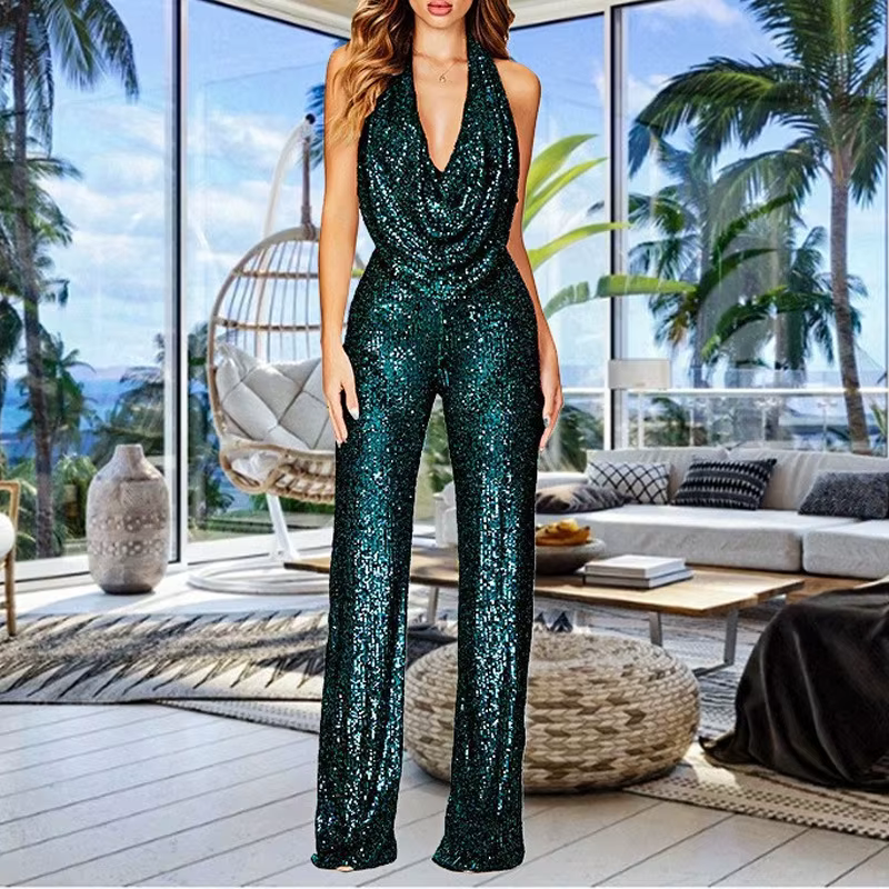 Halter Neck Sequin Jumpsuit for Women