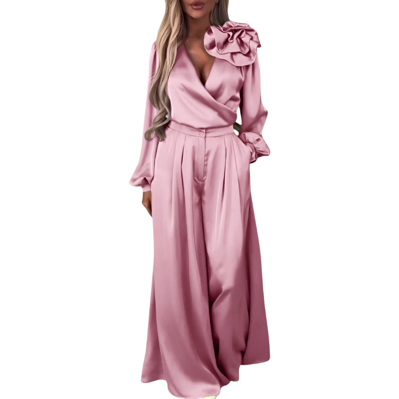 Elena – Top met Lange Mouwen en V-Hals en Wide-Leg Broek Set Velani