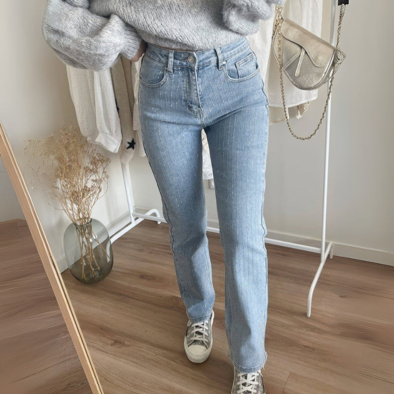 Leah – Hoge taille glitterbroek met meerdere zakken Velani