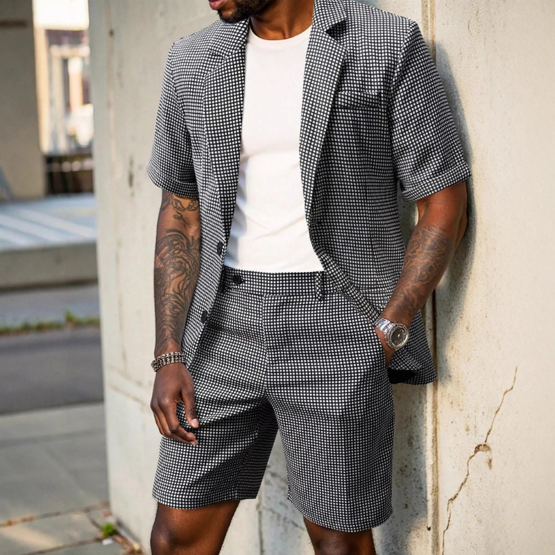 Men's Short Sleeve Plaid Blazer and Trousers Set