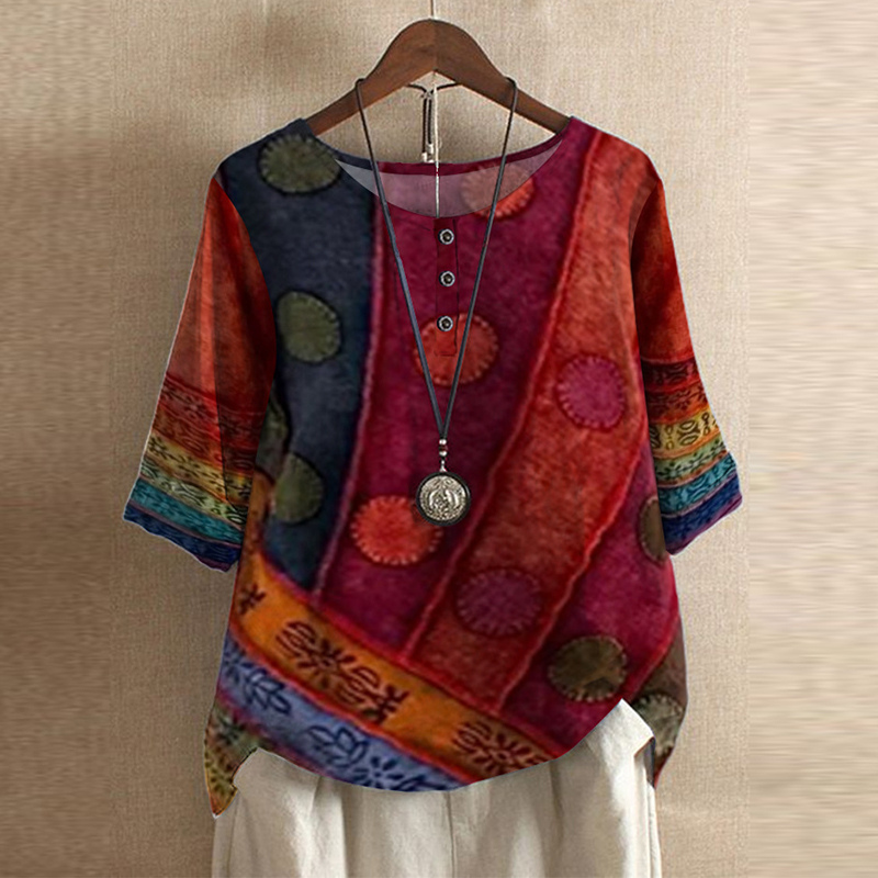 Women's Oversized Printed Blouse with O Neck