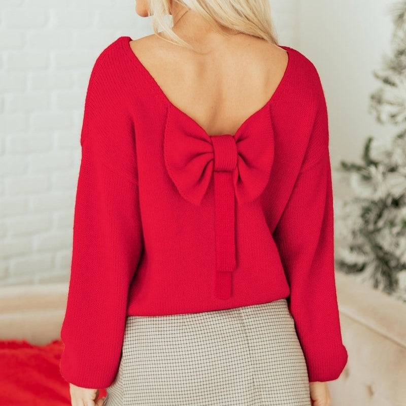 Ruby – Long Sleeve Sweater With Round Neck and Back Ribbon