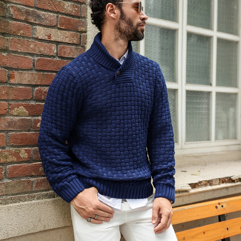 Liam – Long Sleeve Sweater with Stand Collar and Button Closure