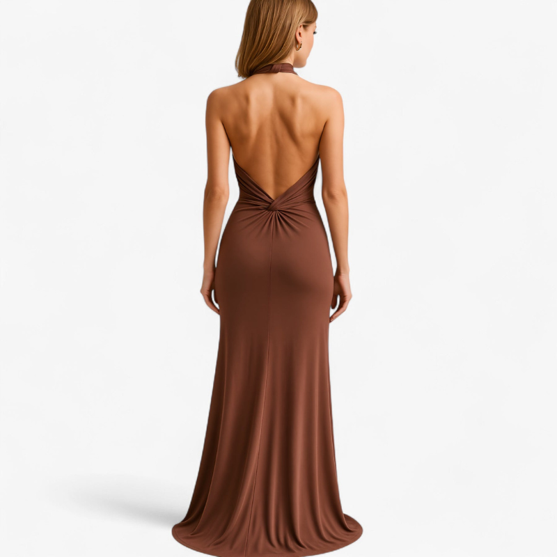 Eliza – Lange Mouwloze Jurk met Halter Open Rug en Hoge Taille Velani