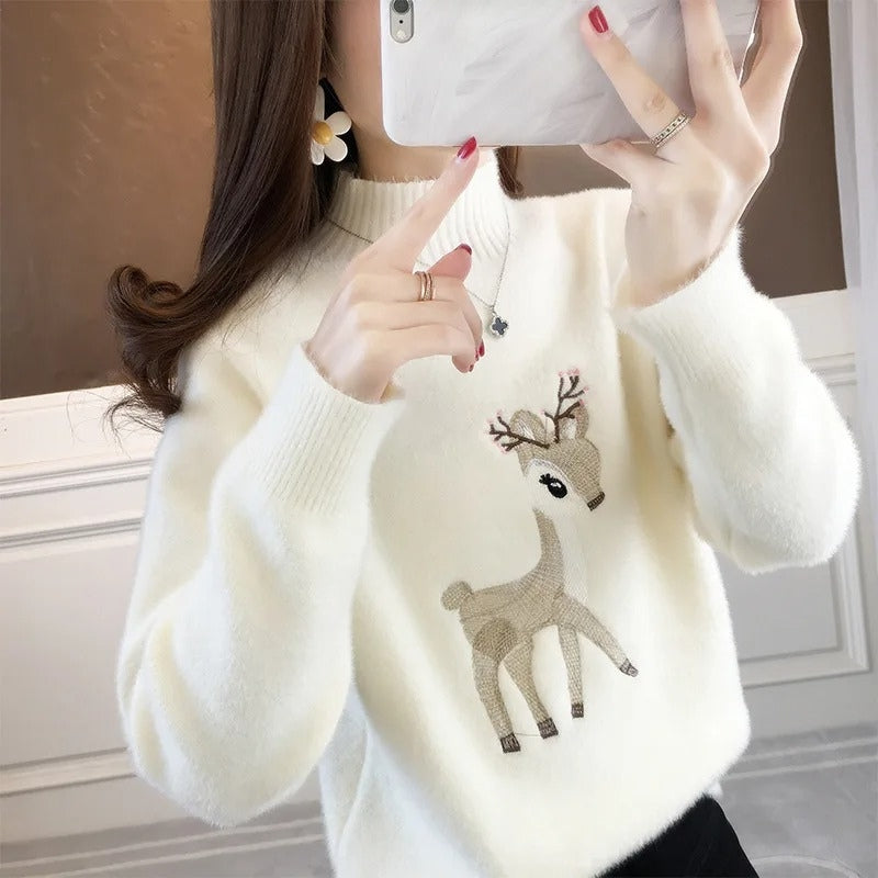 Ava – Long Sleeve Sweater with Ribbed Hem and Deer Pattern