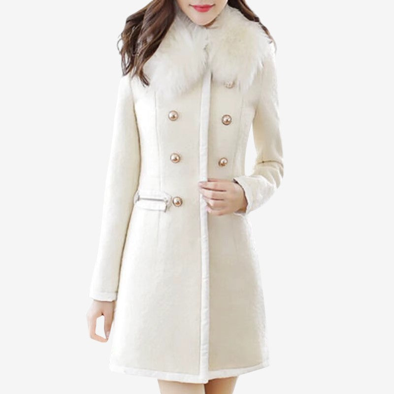 Alina – Long Sleeve Coat with Faux Fur Collar and Button Detail