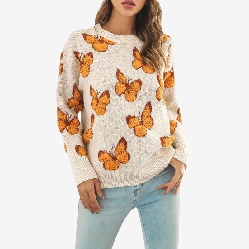 Ava – Suéter de cuello redondo con estampado de mariposas y mangas largas