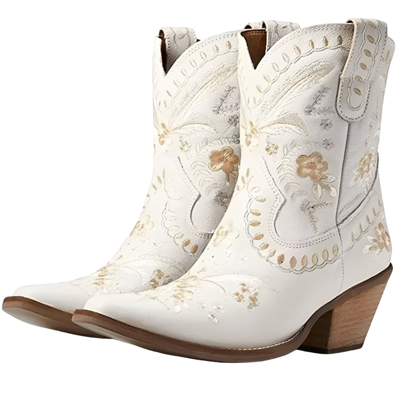 Amelia – Hoge Enkelboots met Bloemenprint en Brede Blockhak Velani