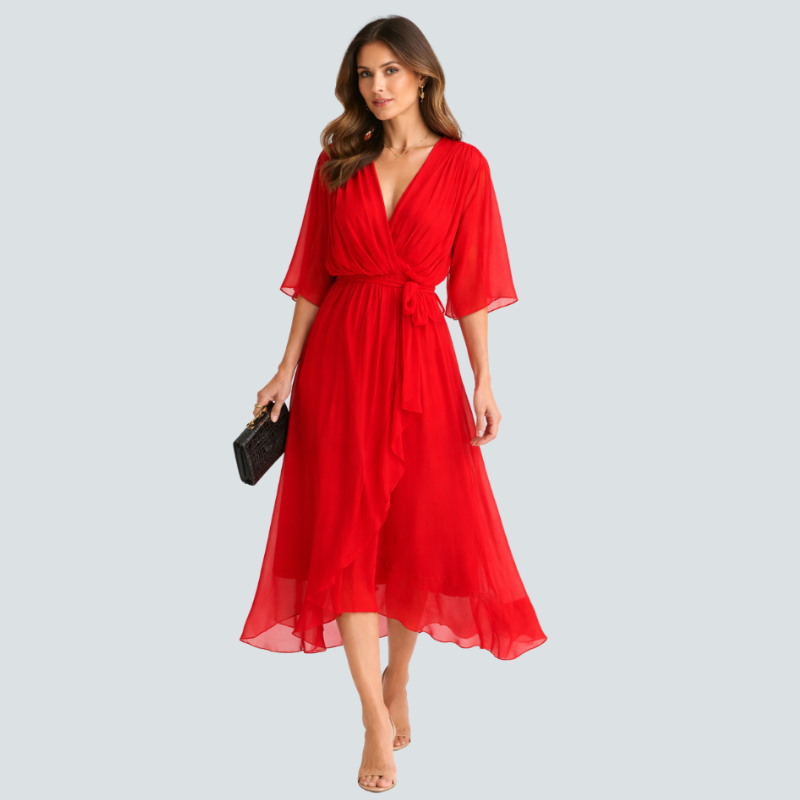 Stylish Midi Dress with V-Neck and Batwing Sleeves