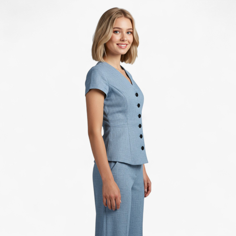 Elena – Tweedelig Setje met V-Hals Top en Wijd Uitlopende Broek Velani