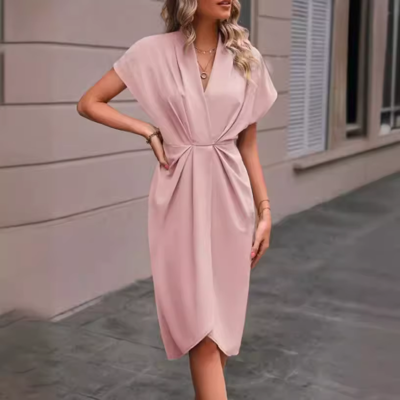 Women's Elegant Midi Dress with V-Neck and Twisted Waist