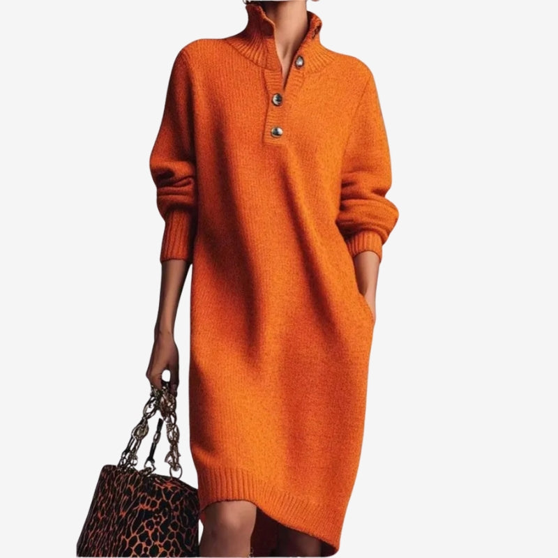 Arlena – Long Sleeve Sweater with Stand Up Collar and Button