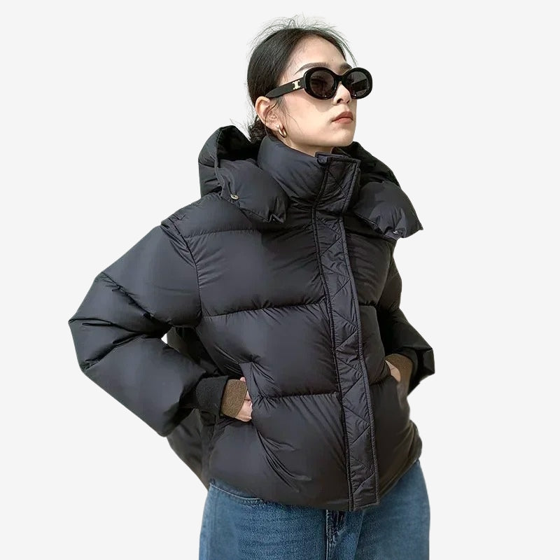 Kara – Long Sleeve Coat with Hoodie and Zipper Closure