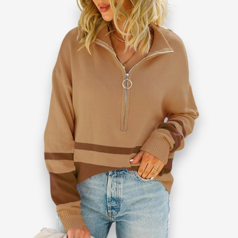 Lia – Long Sleeve Sweater with Ribbed Hem and Zippered Closure