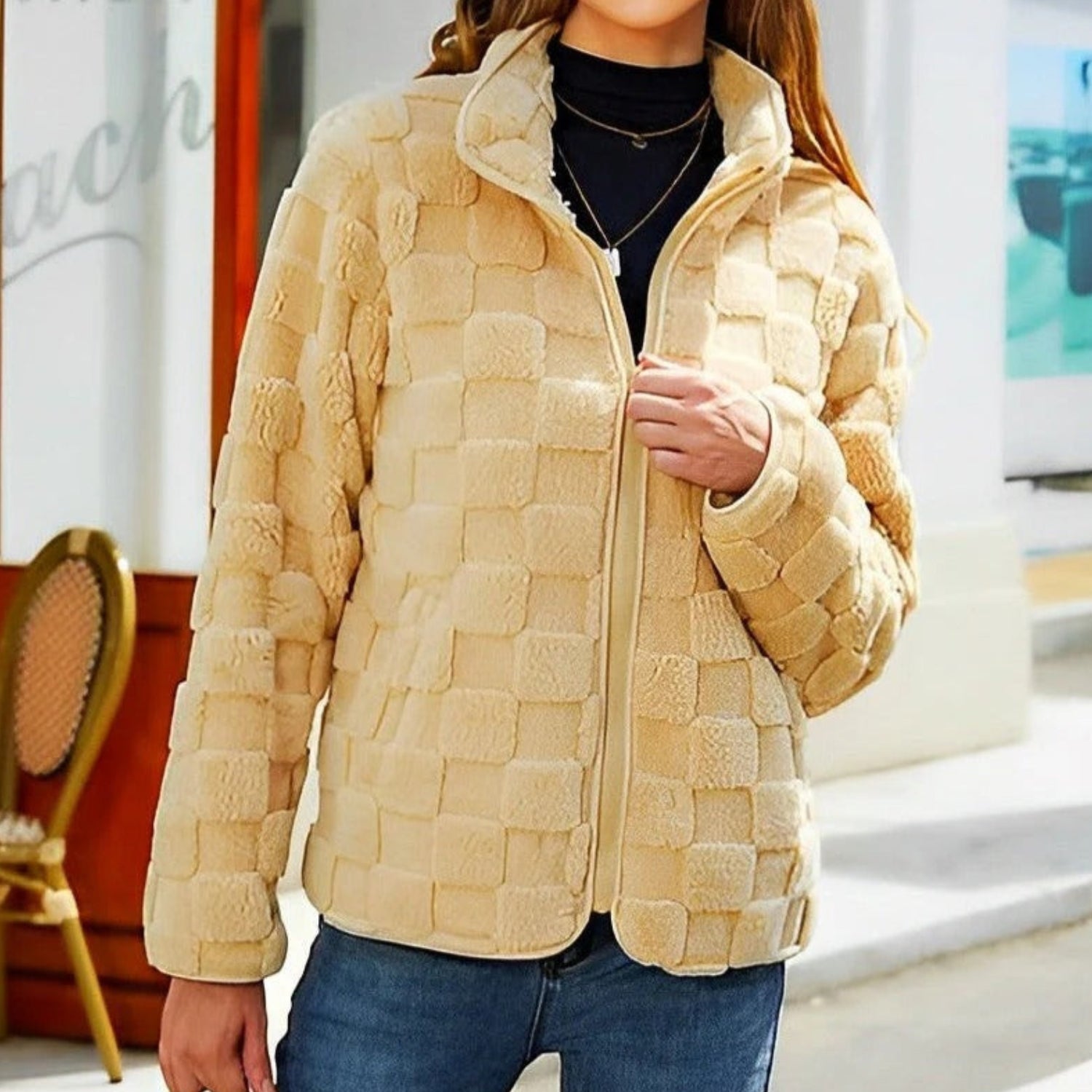 Sophia – Long Sleeve Jacket With Zipper Closure And Stand Up Collar