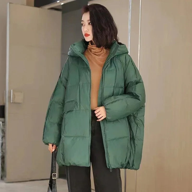 Nora – Long Sleeve Coat with Hoodie and Zipper Closure