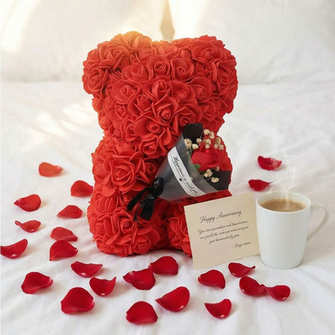 Rose Teddy Bear Holding Bouquet