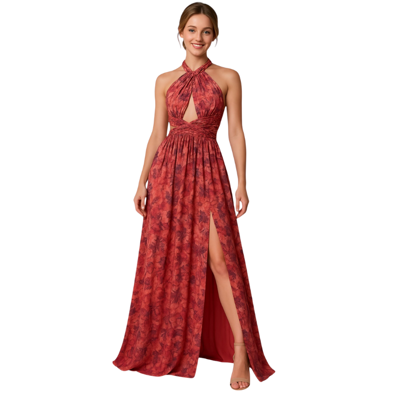 Alice – Lange Mouwloze Jurk met Bloemenprint en Zijsplit Velani