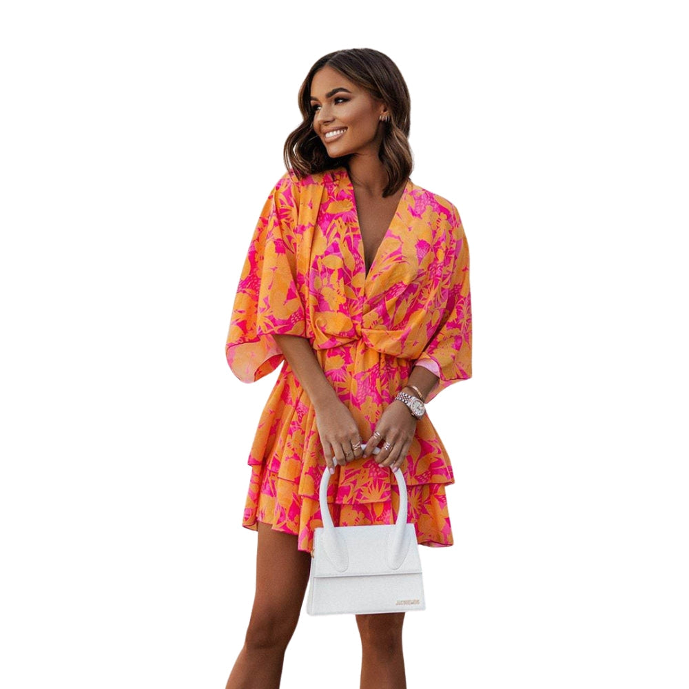 Rianne – Mini-jurk met Print V-Hals en Vleermuismouwen Velani