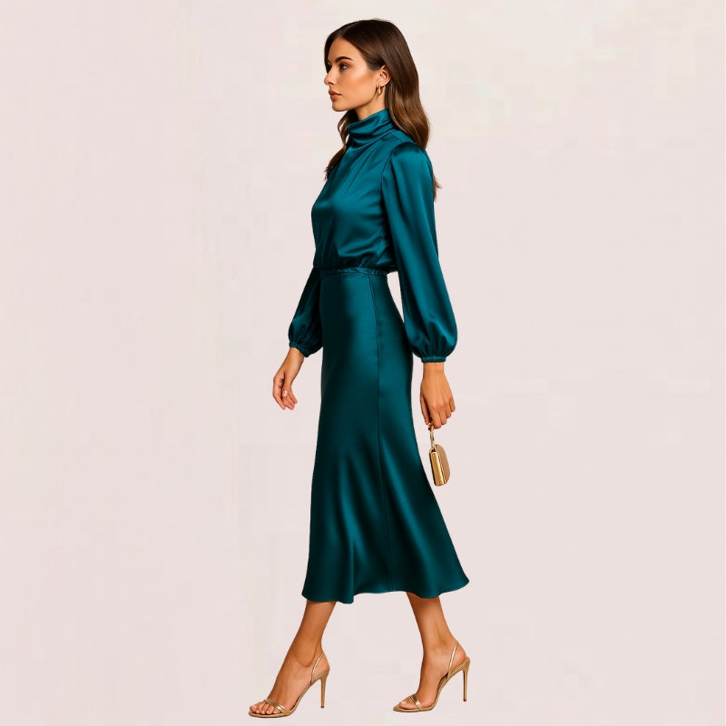 Women’s Wrap Dress with Long Puff Sleeves & High Neck