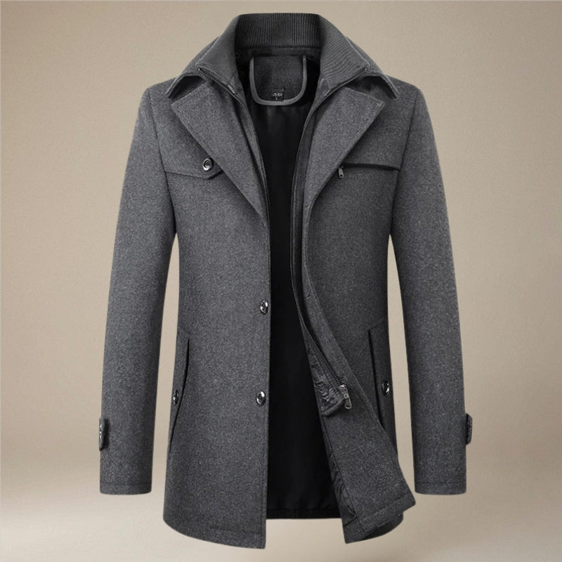 Double Collar Long Coat with Button Front