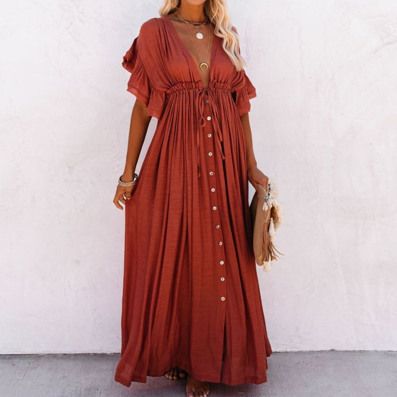 Women’s Maxi Dress V Neck Button Front