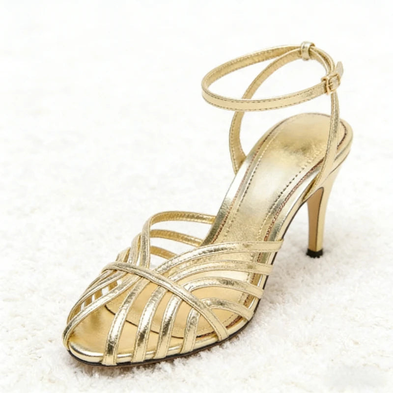 Women's High Heel Sandals with Openwork Strap and Buckle Closure