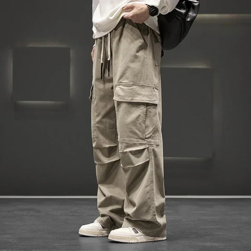 Men's Wide Leg Cargo Pants with Drawstring Waist