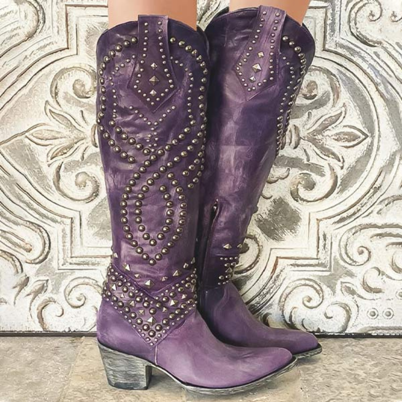 Maya – Knee High Pointed Toe Boots with Decorative Pearls