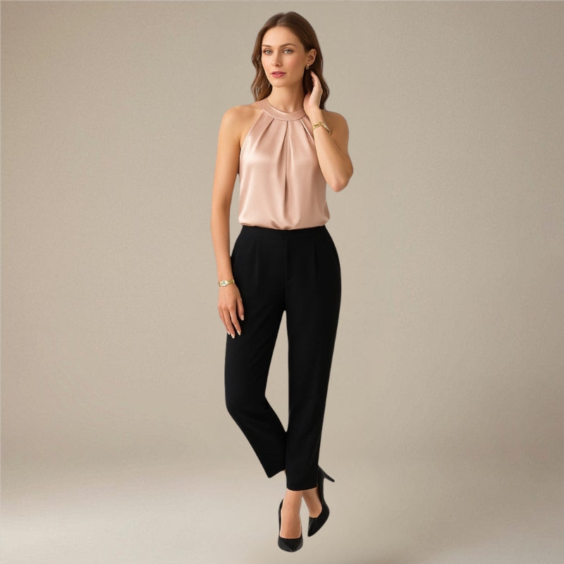 Women's Sleeveless Satin Draped Blouse with Pleated Front