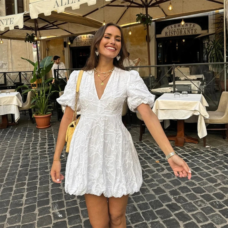 Women’s mini V-neck short sleeve embroidered dress