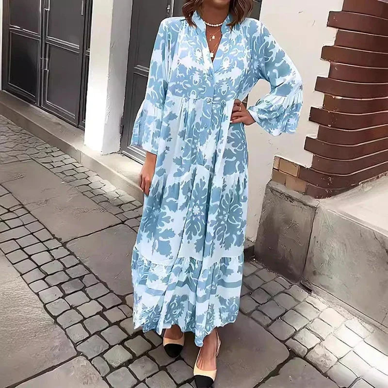 Women's Printed Midi Dress with V Neck and Long Sleeves