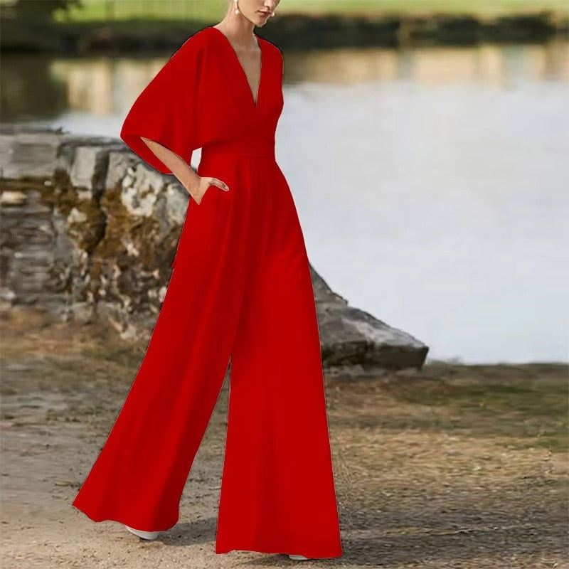 Willow - Loose Fit Short Sleeve Jumpsuit With V Neck Design