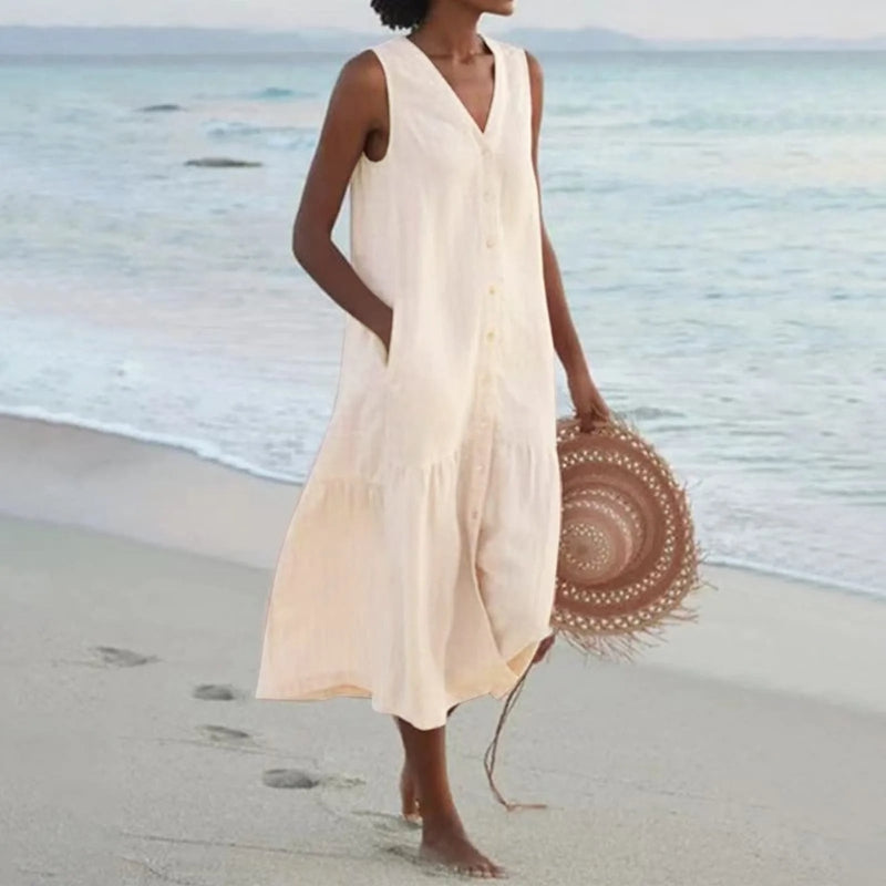 Women's Sleeveless V-Neck Mini Dress with Button-Front & Pockets